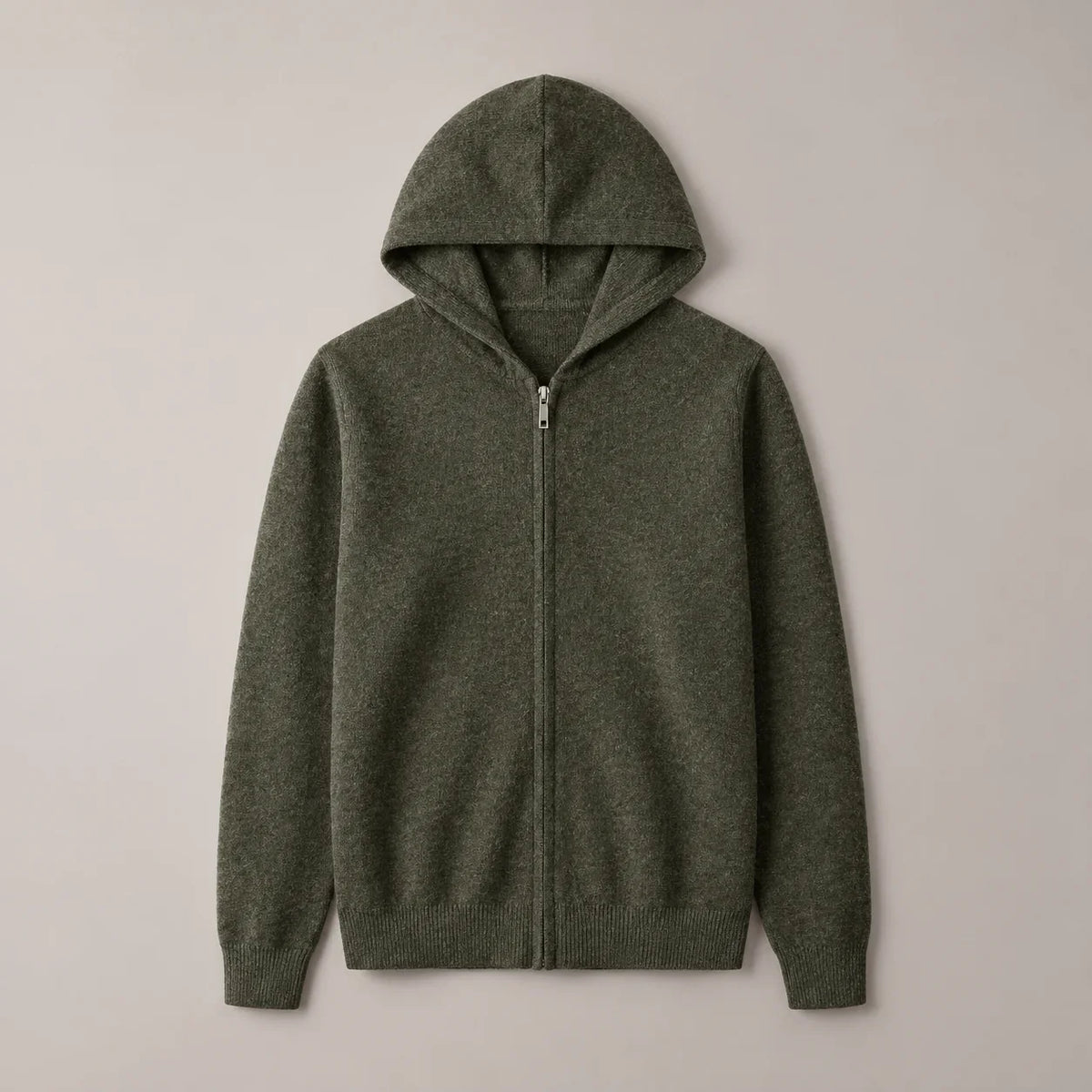 Men's olive knit zip-up hoodie, complete front view