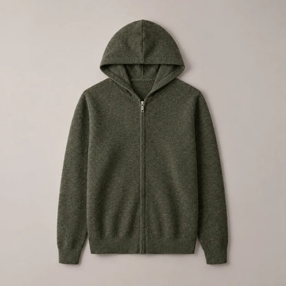 Men's olive knit zip-up hoodie, complete front view