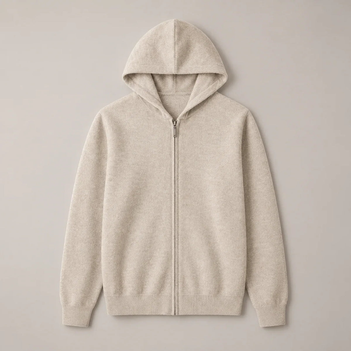 Men's sand knit zip-up hoodie, complete front view