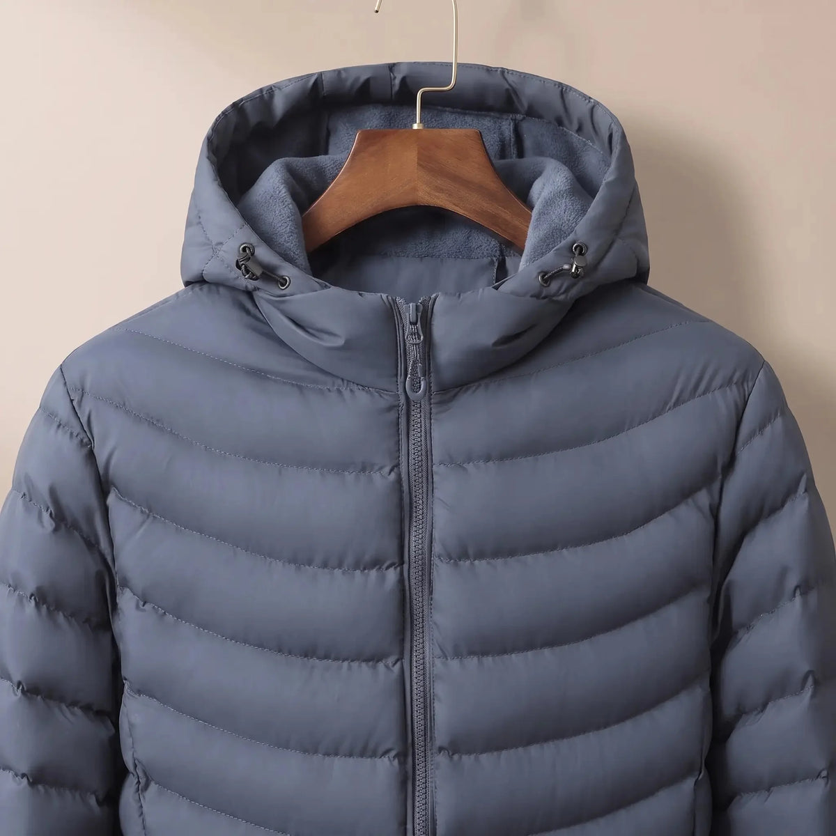 Men's hooded puffer jacket hood close-up