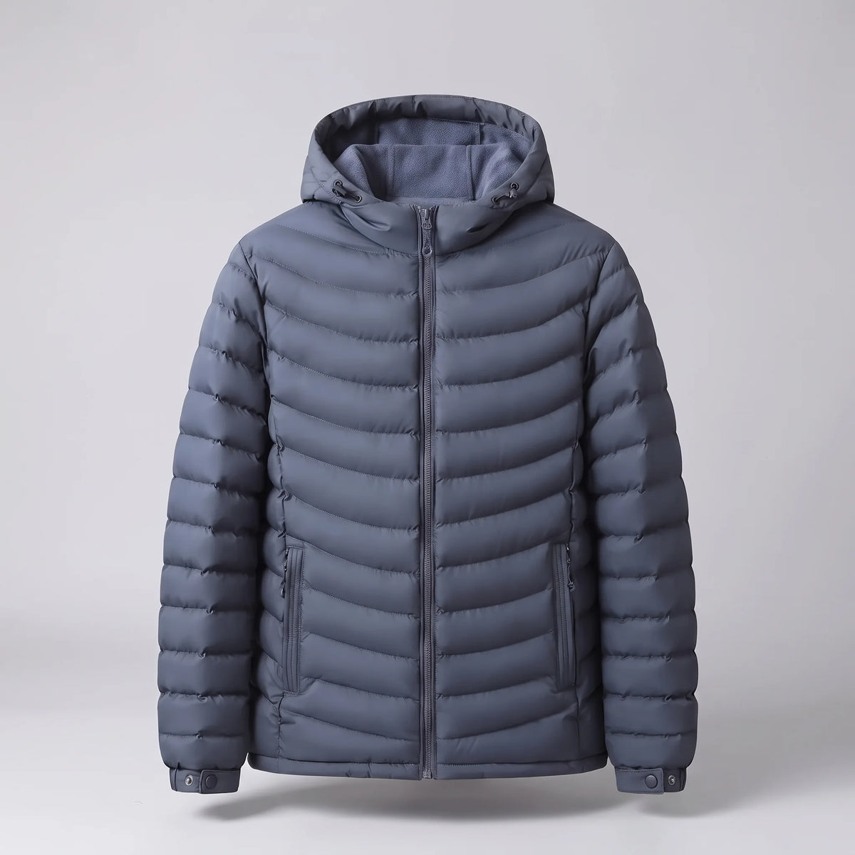 Men's hooded puffer jacket, studio front view