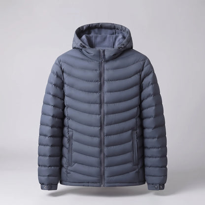 Men's hooded puffer jacket, studio front view