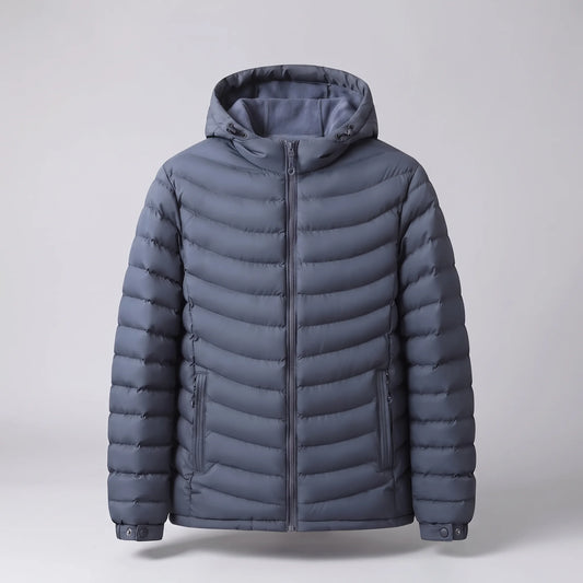 Men's hooded puffer jacket, studio front view