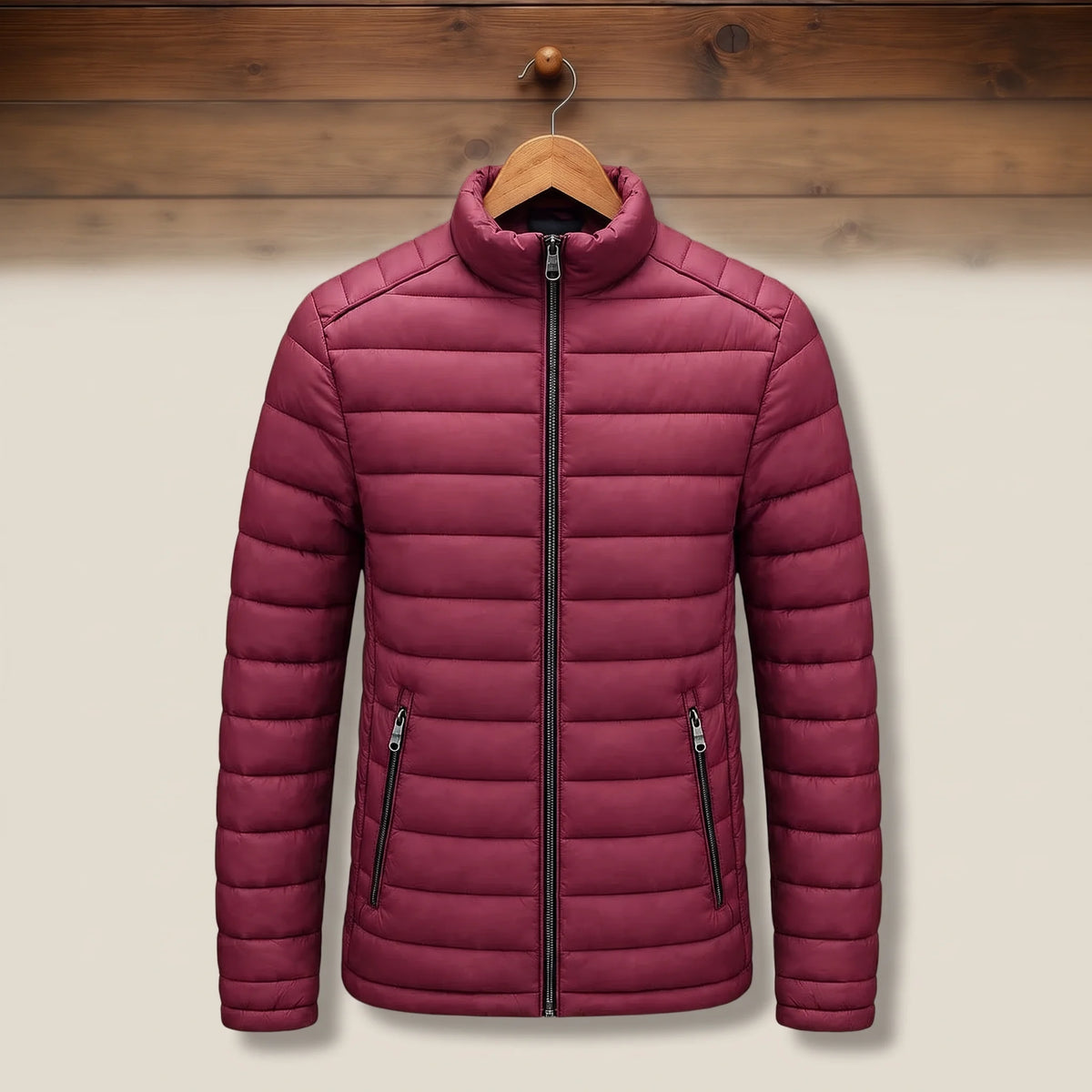 Men's quilted puffer jacket with zip pockets, studio view