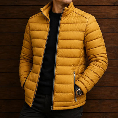 Men's quilted puffer jacket with zip pockets worn view