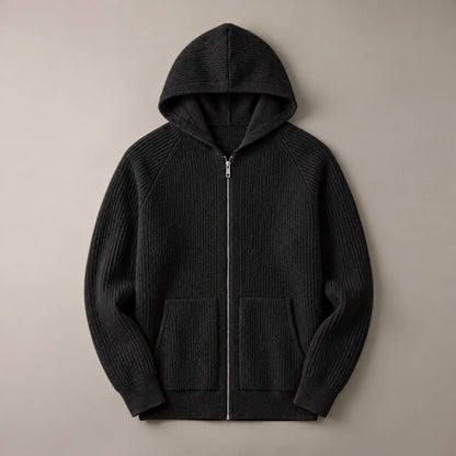 Men's ribbed knit zip-front hoodie in Black, complete front view