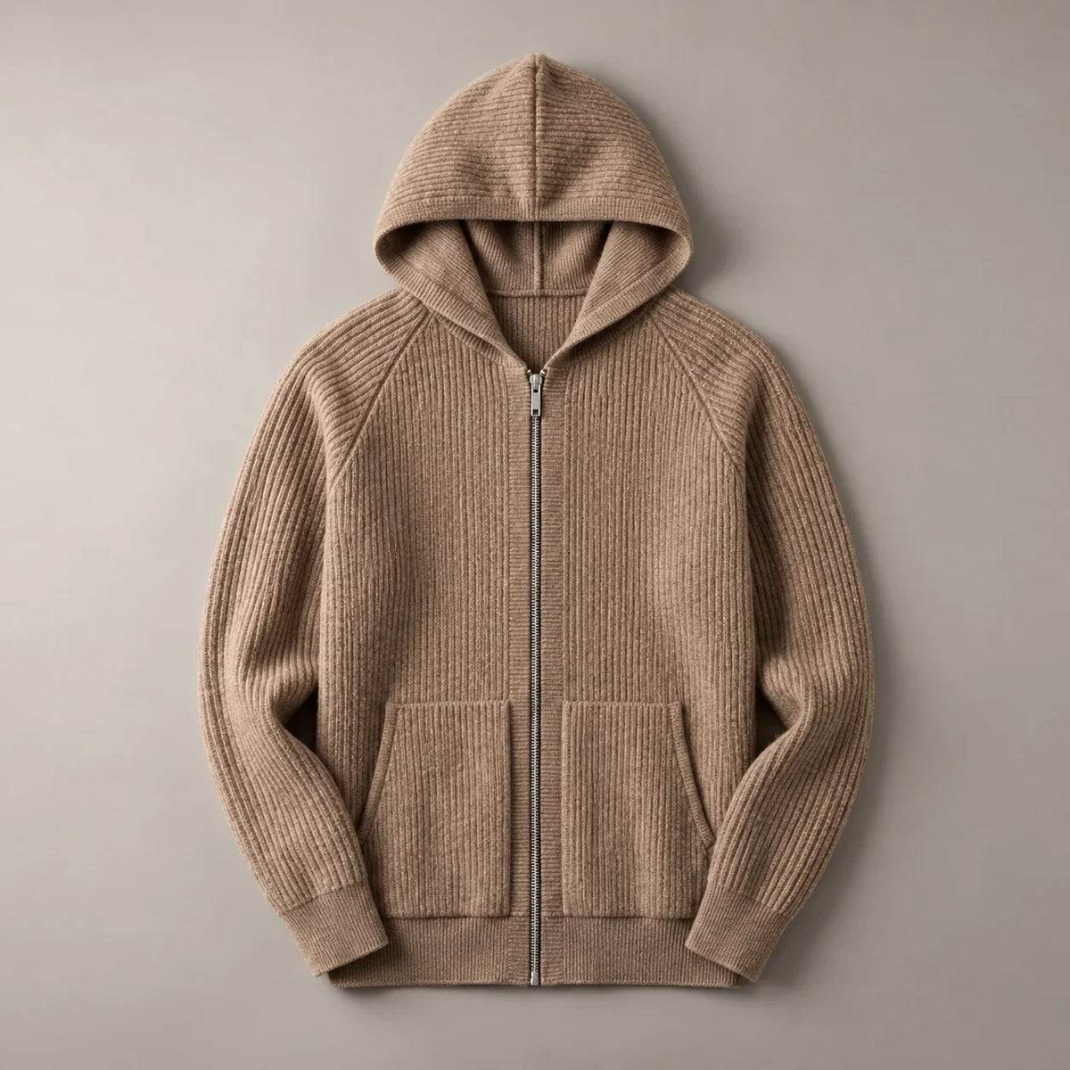 Men's ribbed knit zip-front hoodie in Coffee, complete front view