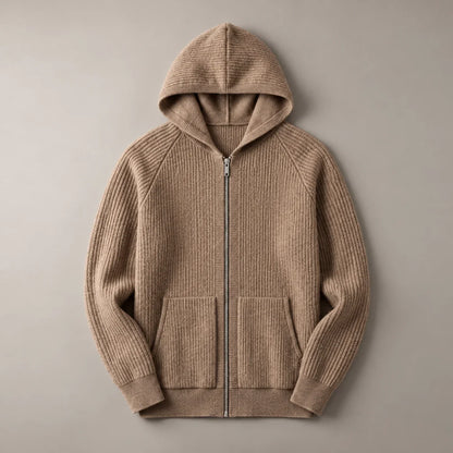 Men's ribbed knit zip-front hoodie in Coffee, complete front view