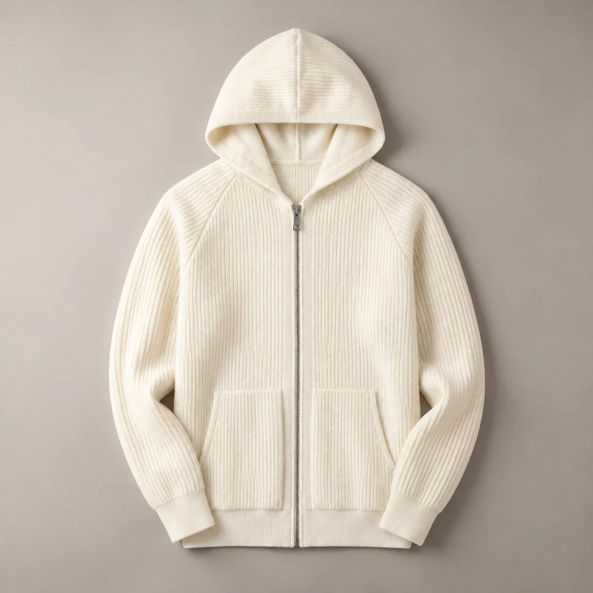 Men's ribbed knit zip-front hoodie in Cream White, complete front view