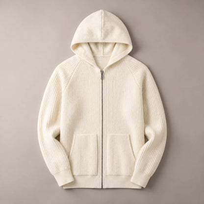 Men's ribbed knit zip-front hoodie in Cream White, complete front view