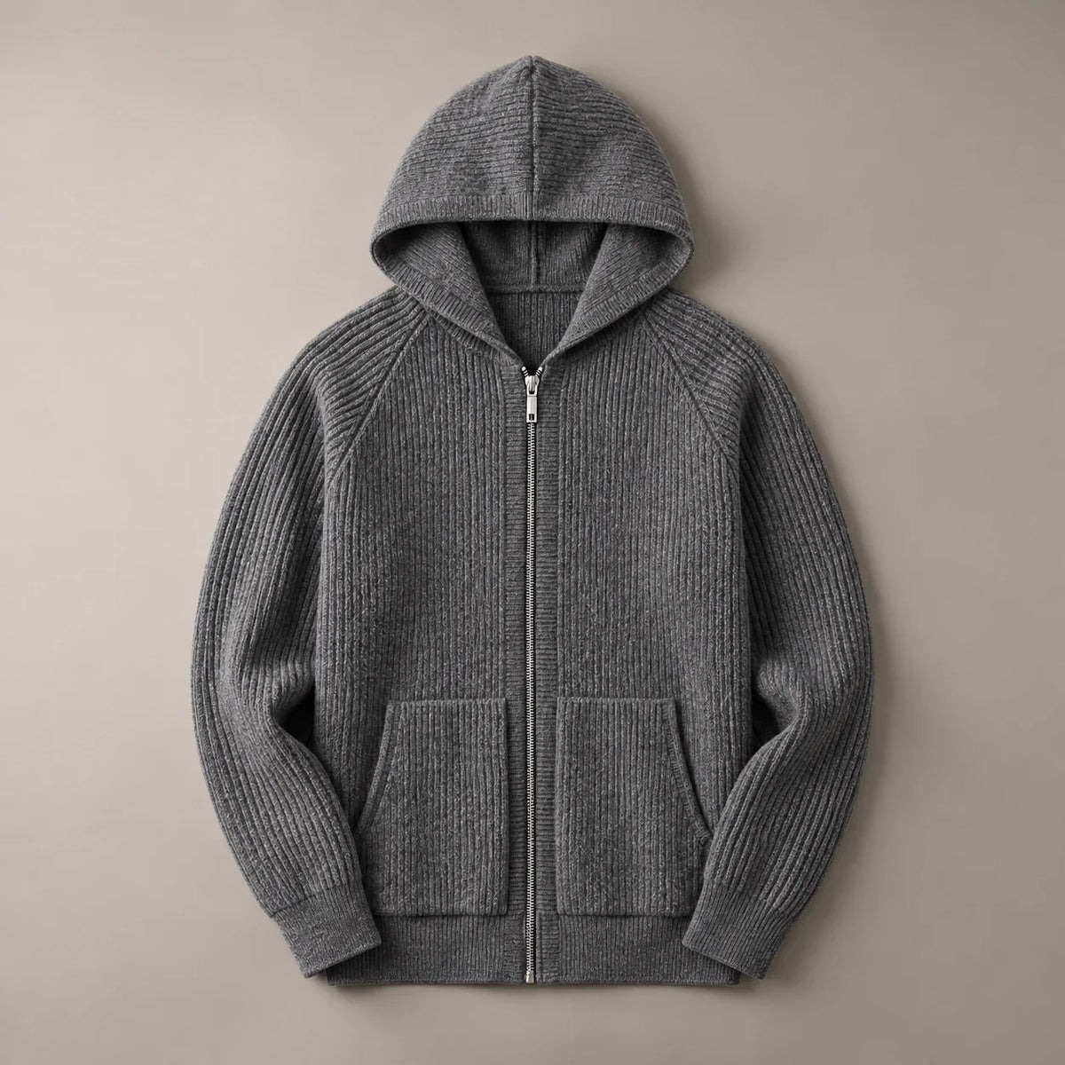 Men's ribbed knit zip-front hoodie in Dark Gray, complete front view
