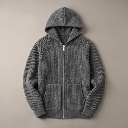 Men's ribbed knit zip-front hoodie in Dark Gray, complete front view