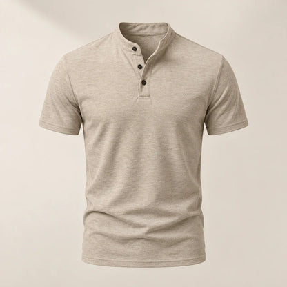 Men's short-sleeve Henley shirt in Beige, full front view