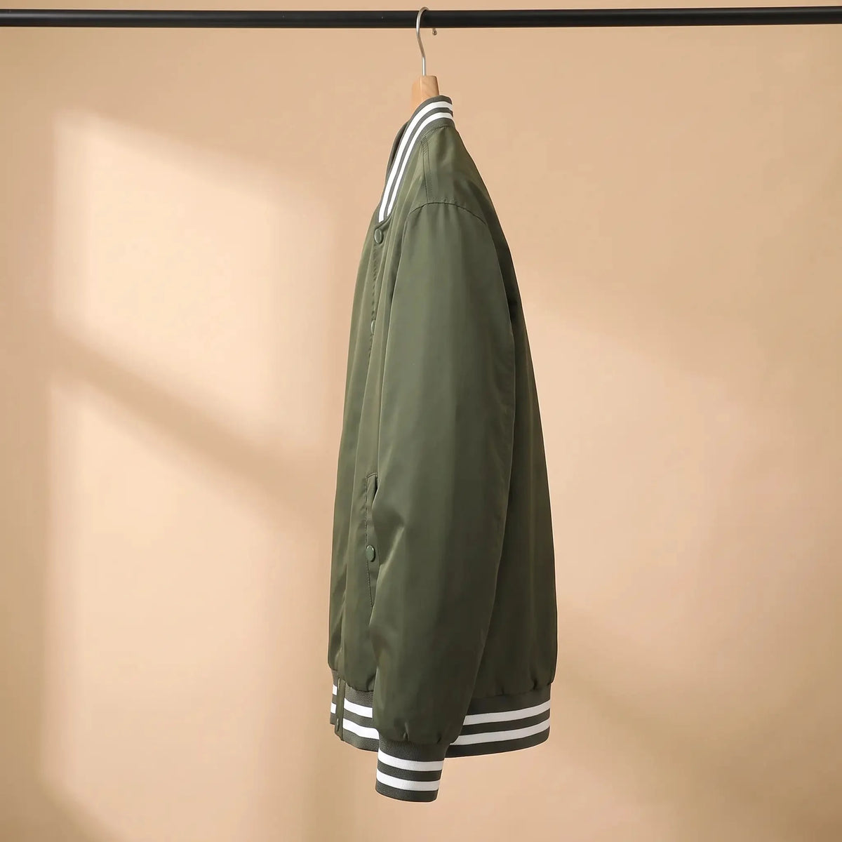 Men's snap front bomber jacket side view