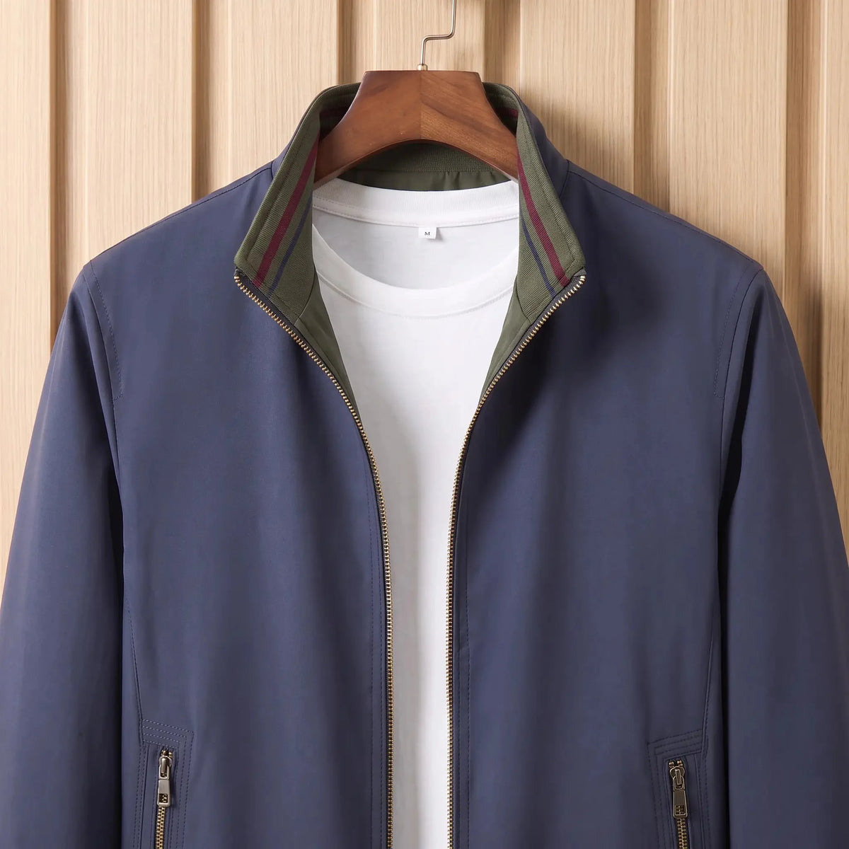 Men's stand-collar jacket collar and zip close-up