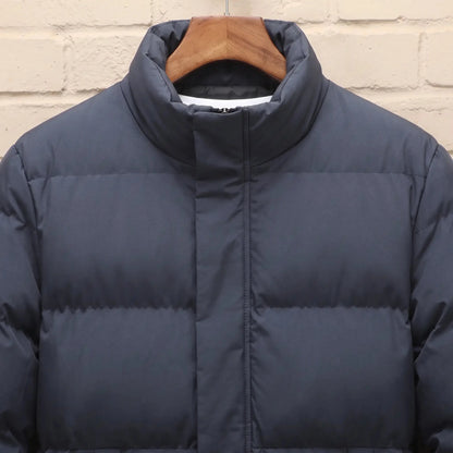 Men's stand-collar puffer jacket collar close-up