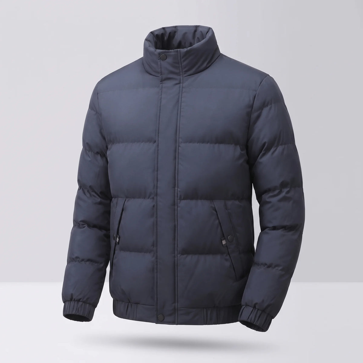 Men's stand-collar puffer jacket, studio front view