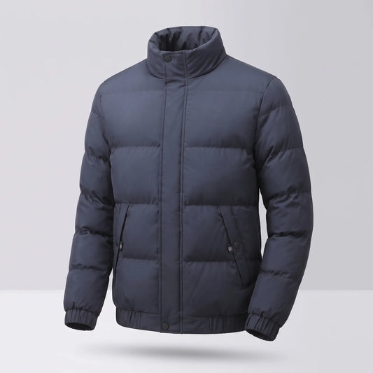 Men's stand-collar puffer jacket, studio front view