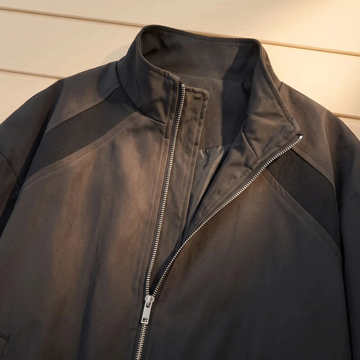 Men's stand collar zip bomber jacket stand collar and zip close-up