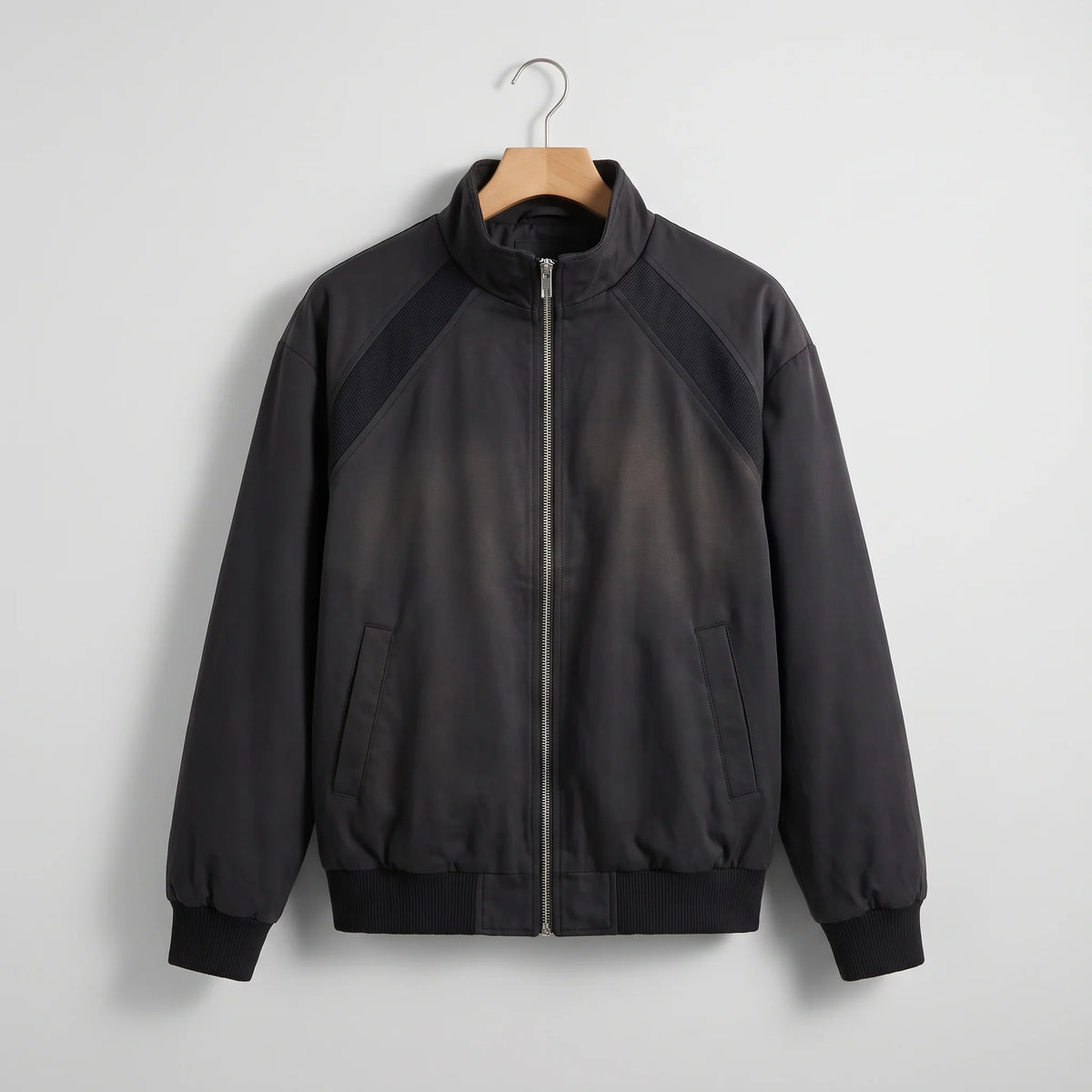 Men's stand collar zip bomber jacket, studio view