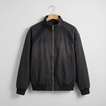 Men's stand collar zip bomber jacket, studio view