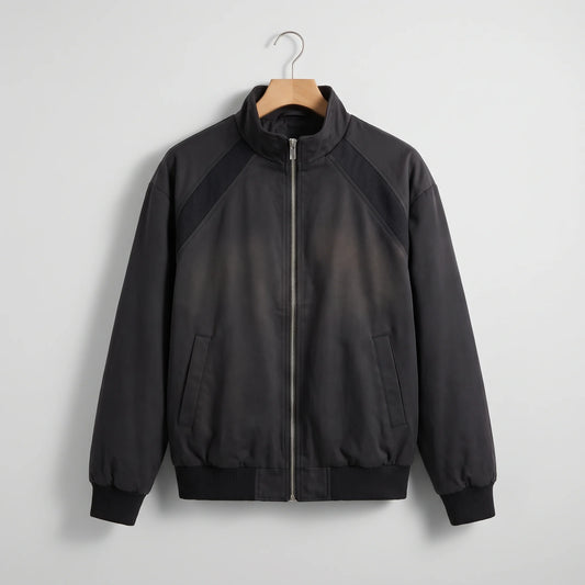 Men's stand collar zip bomber jacket, studio view
