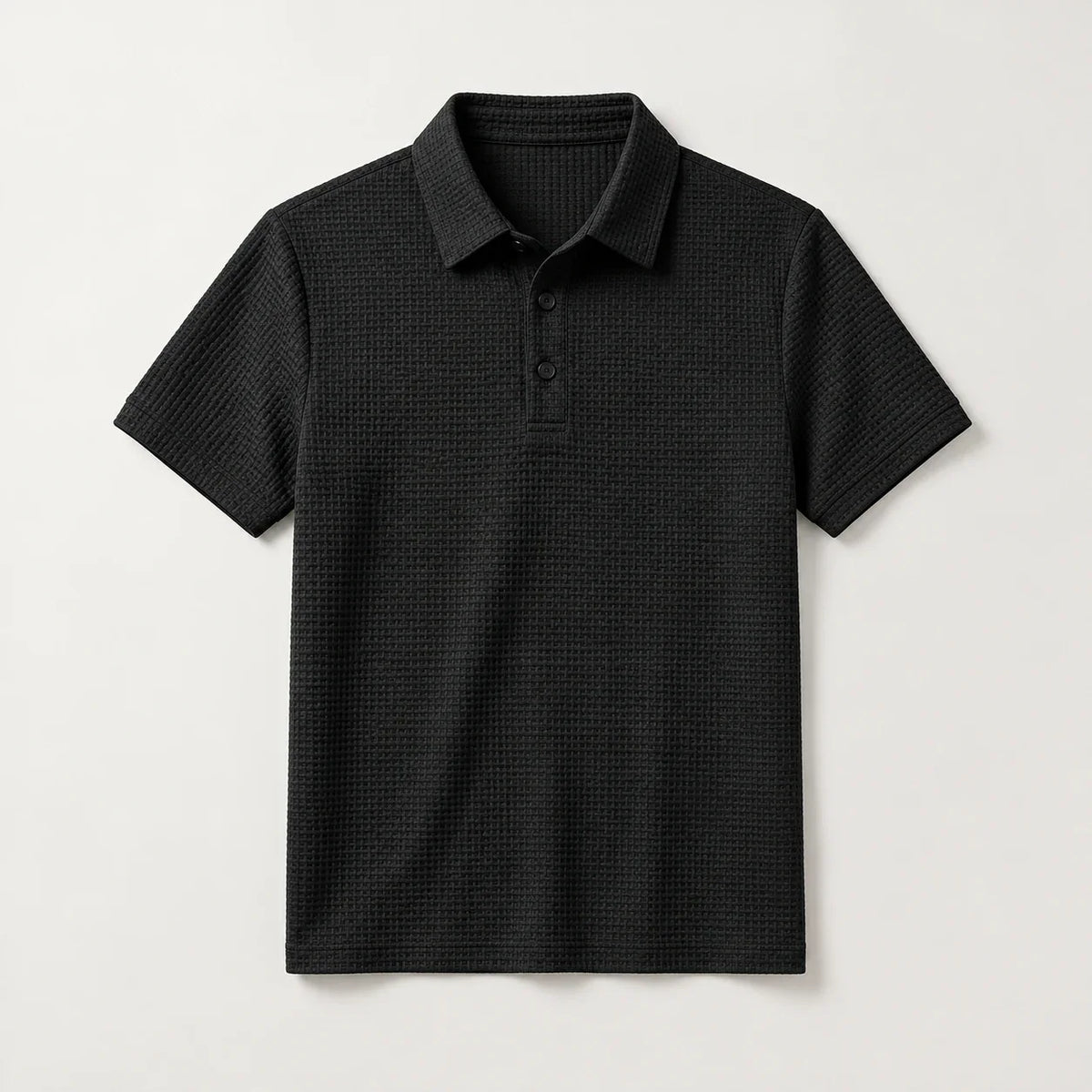 Men's textured short-sleeve polo in Black, full front view