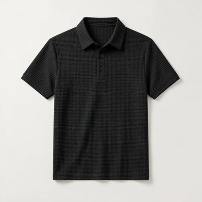 Men's textured short-sleeve polo in Black, full front view