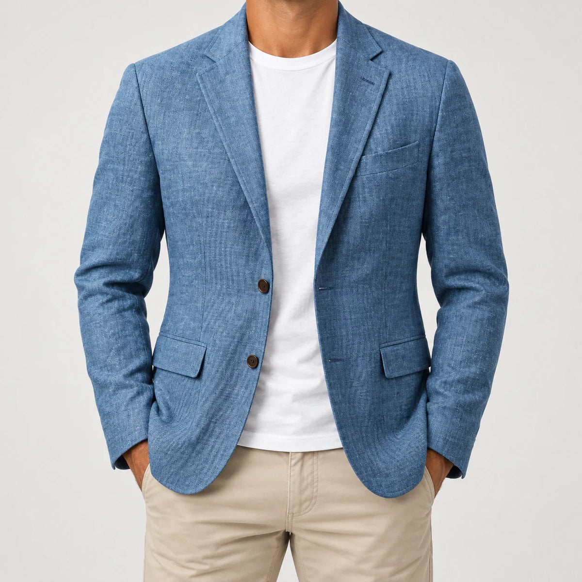 Men's textured sport coat in Blue, complete worn front view