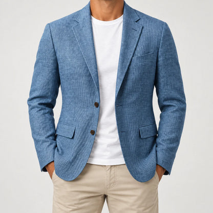 Men's textured sport coat in Blue, complete worn front view