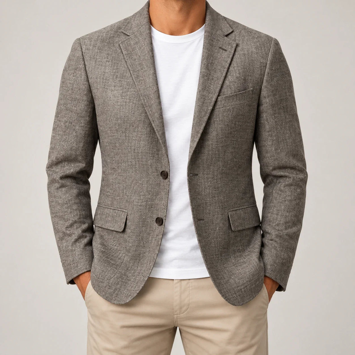 Men's textured sport coat in Gray, complete worn front view
