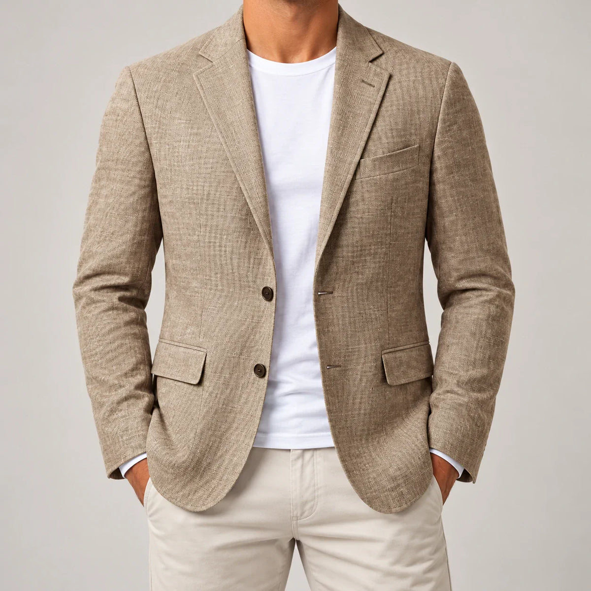 Men's textured sport coat in Light Khaki, complete worn front view