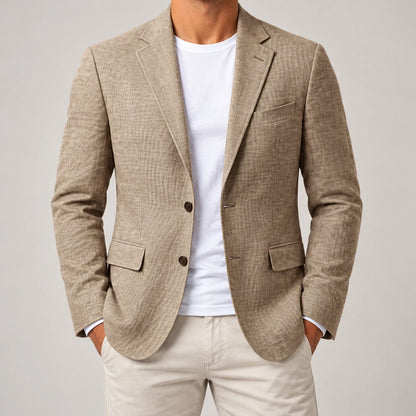 Men's textured sport coat in Light Khaki, complete worn front view