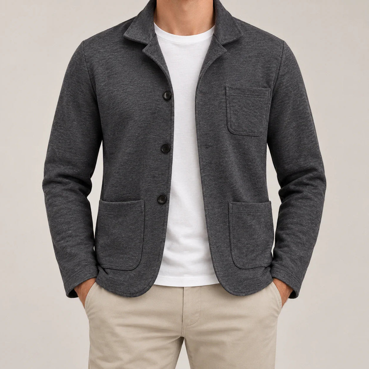 Men's unstructured blazer in Dark Gray, complete worn front view