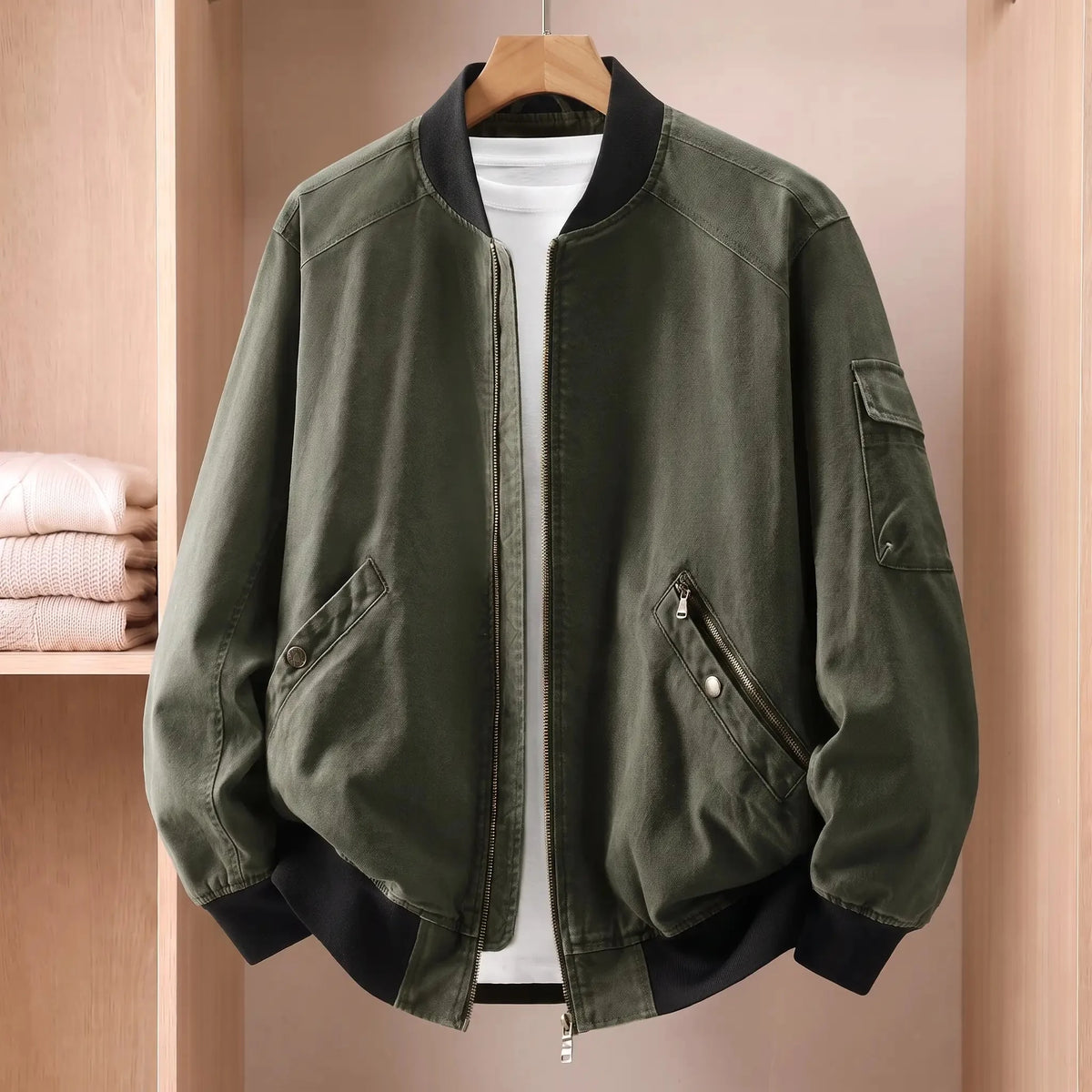 Men's washed twill bomber jacket in Army Green 1