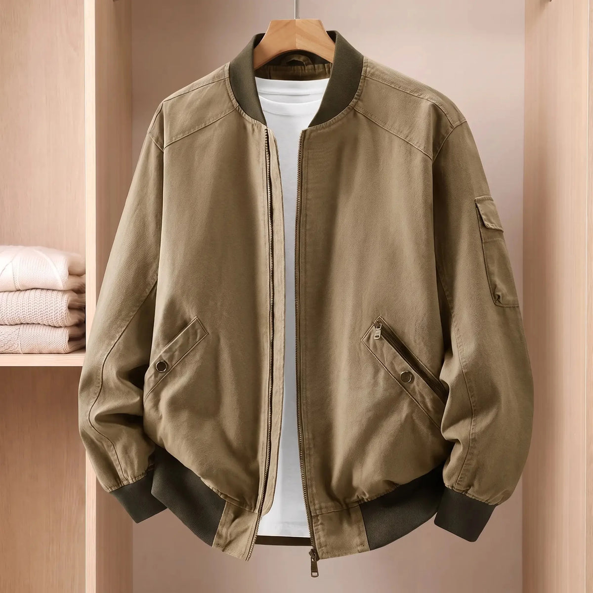 Men's washed twill bomber jacket in Khaki 1