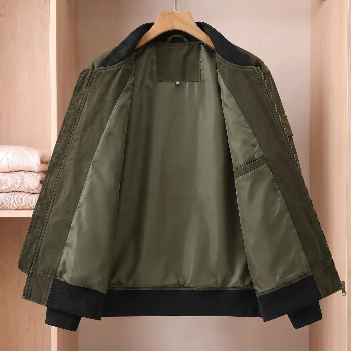 Men's washed twill bomber jacket inside lining close-up