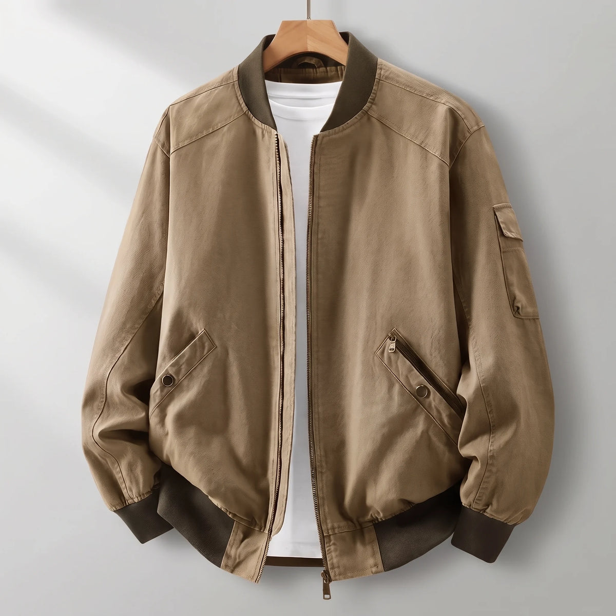 Men's washed twill bomber jacket, studio view