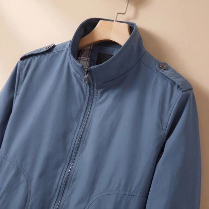 Men's zip bomber jacket stand collar and shoulder tab close-up