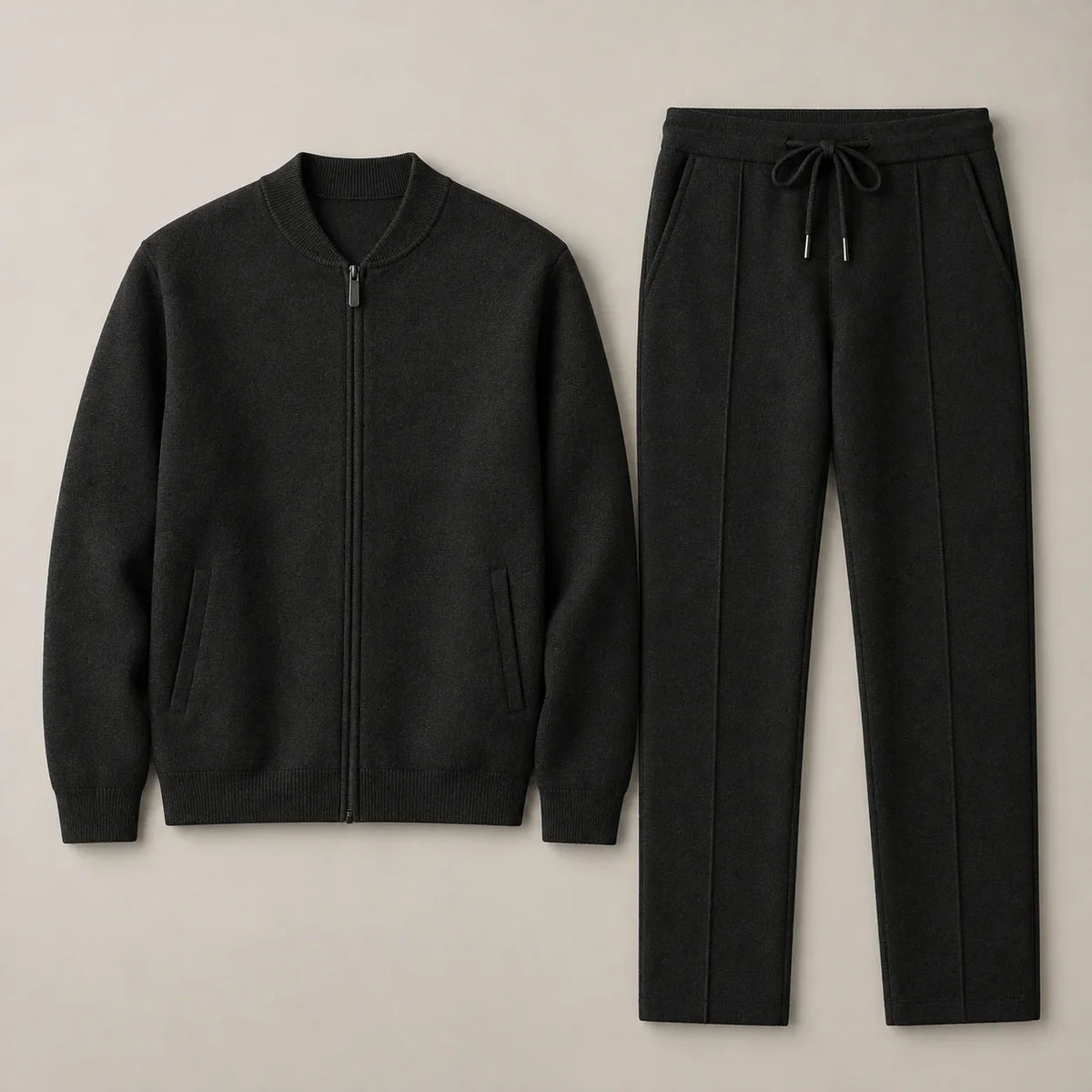 Men's zip-front knit tracksuit set in Black, complete jacket and trousers