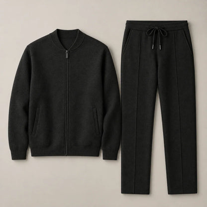 Men's zip-front knit tracksuit set in Black, complete jacket and trousers