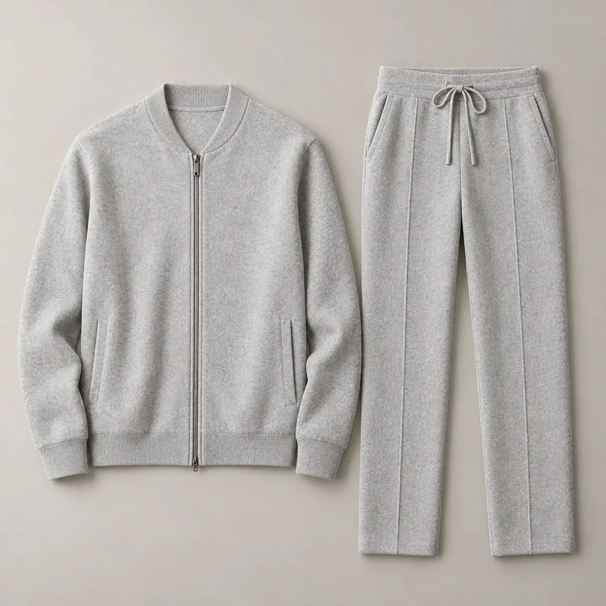 Men's zip-front knit tracksuit set in Light Gray, complete jacket and trousers