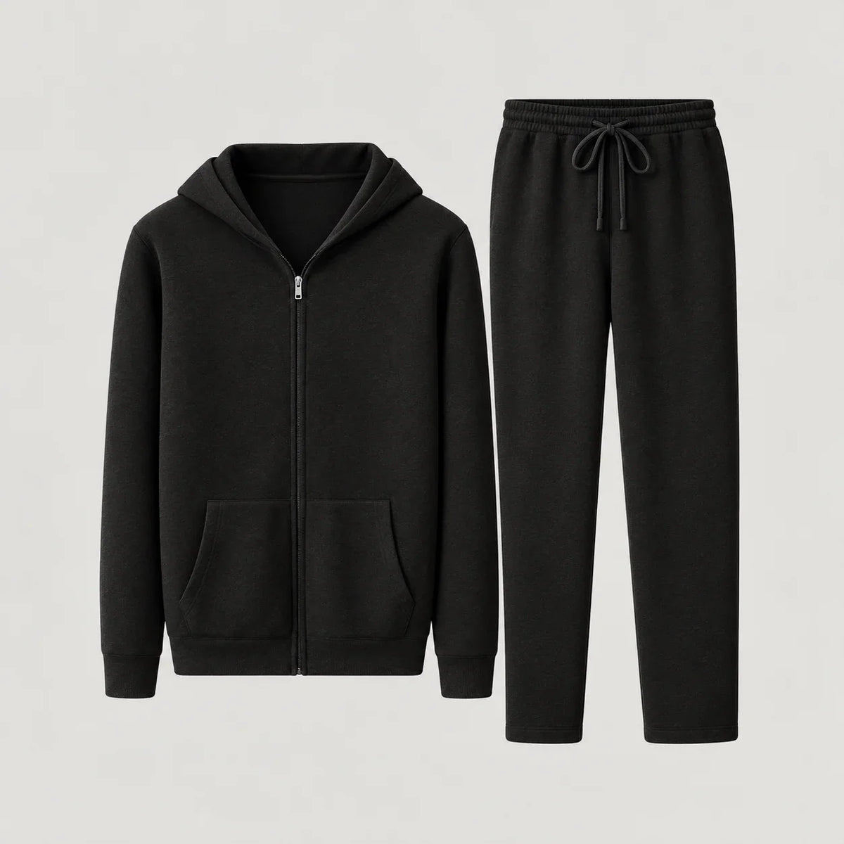 Men's zip hoodie and trousers set in Black, full front view