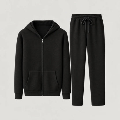Men's zip hoodie and trousers set in Black, full front view