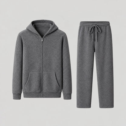 Men's zip hoodie and trousers set in Dark Gray, full front view