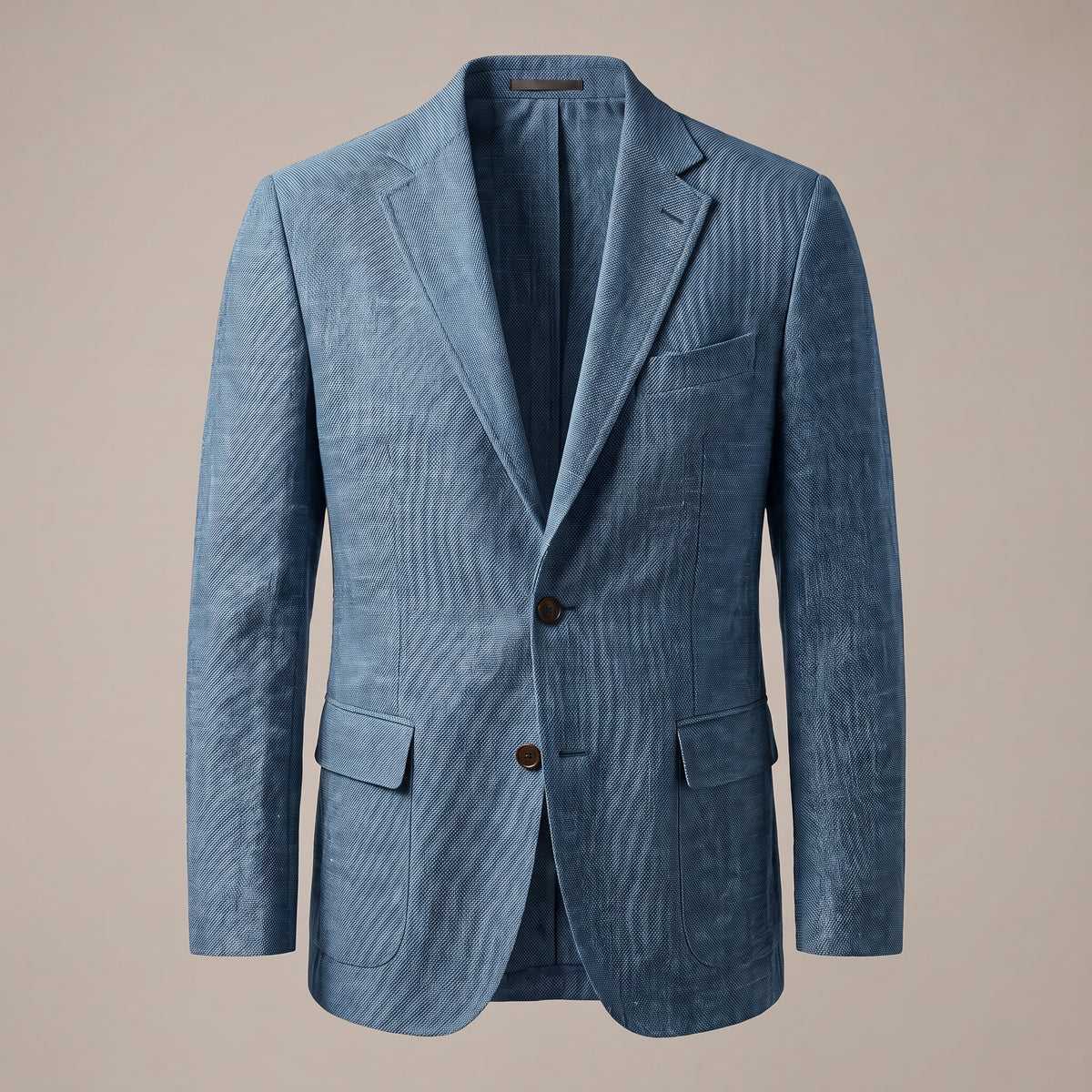 Blue textured sport coat with notch lapel, front view