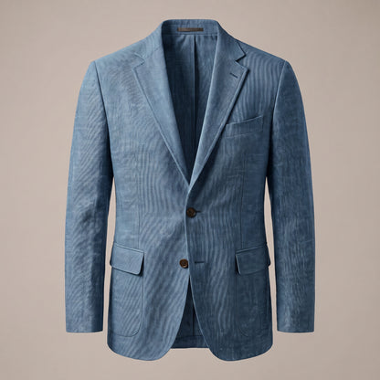 Blue textured sport coat with notch lapel, front view