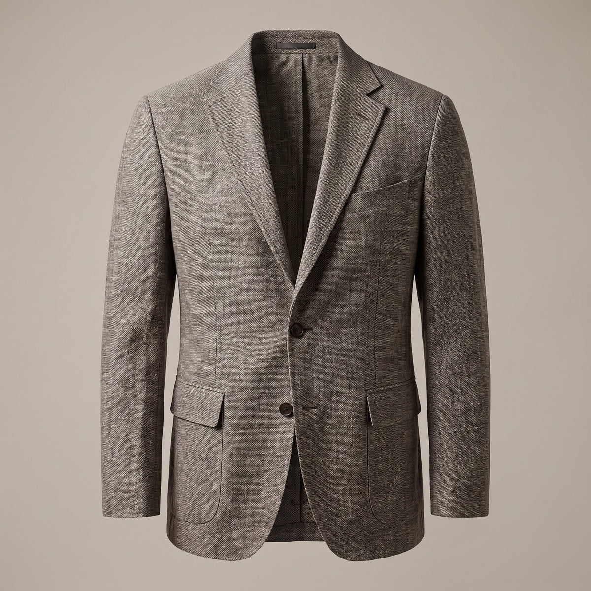 Gray textured sport coat with notch lapel and two buttons, front view