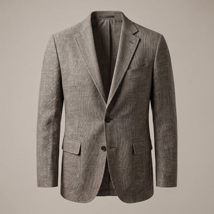 Gray textured sport coat with notch lapel and two buttons, front view