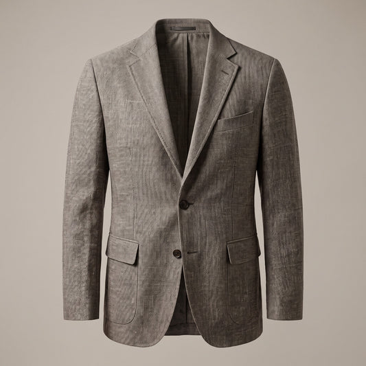 Gray textured sport coat with notch lapel and two buttons, front view